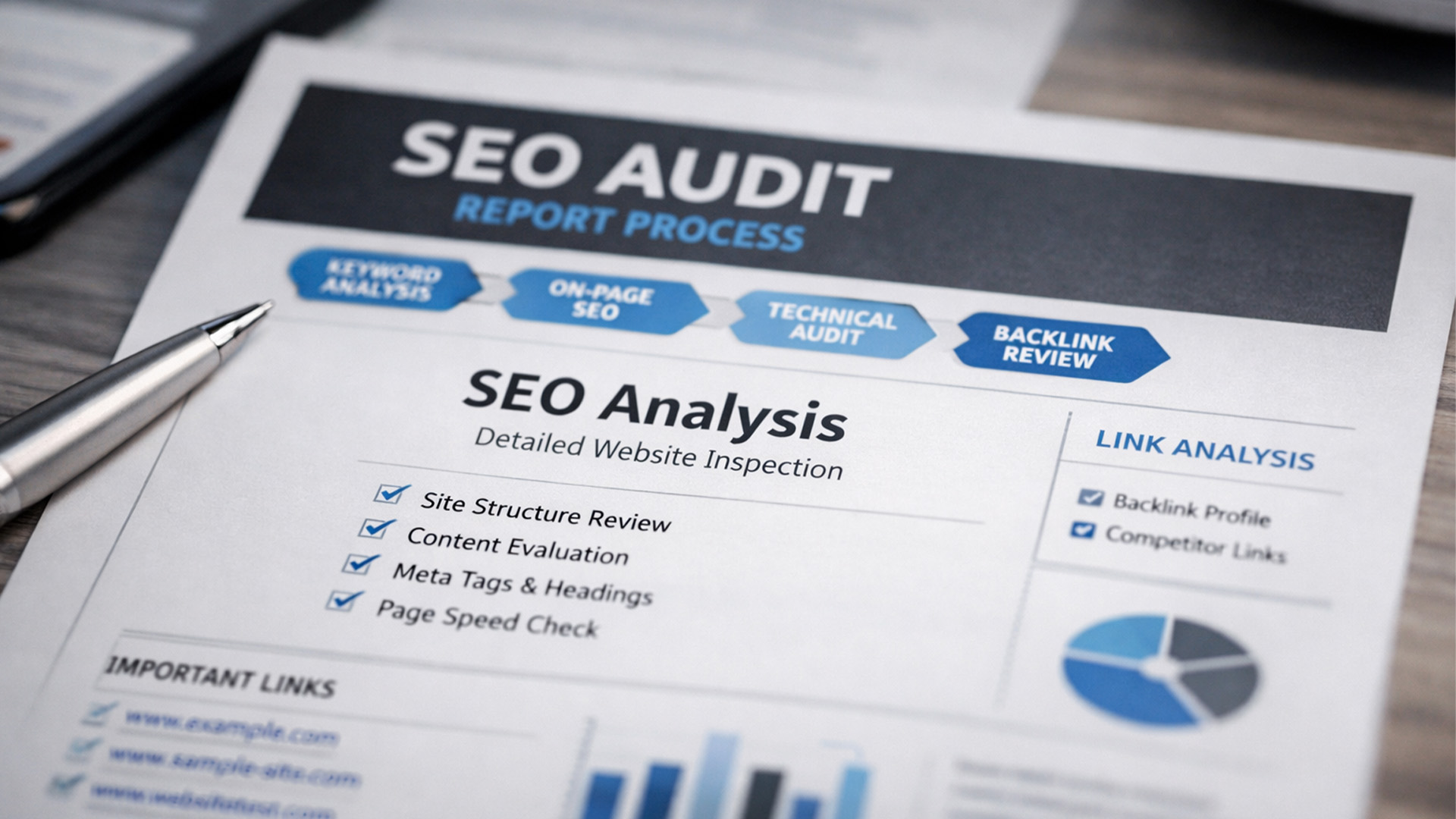 Checklista procesu audytu SEO z analizą słów kluczowych, on-page i linków