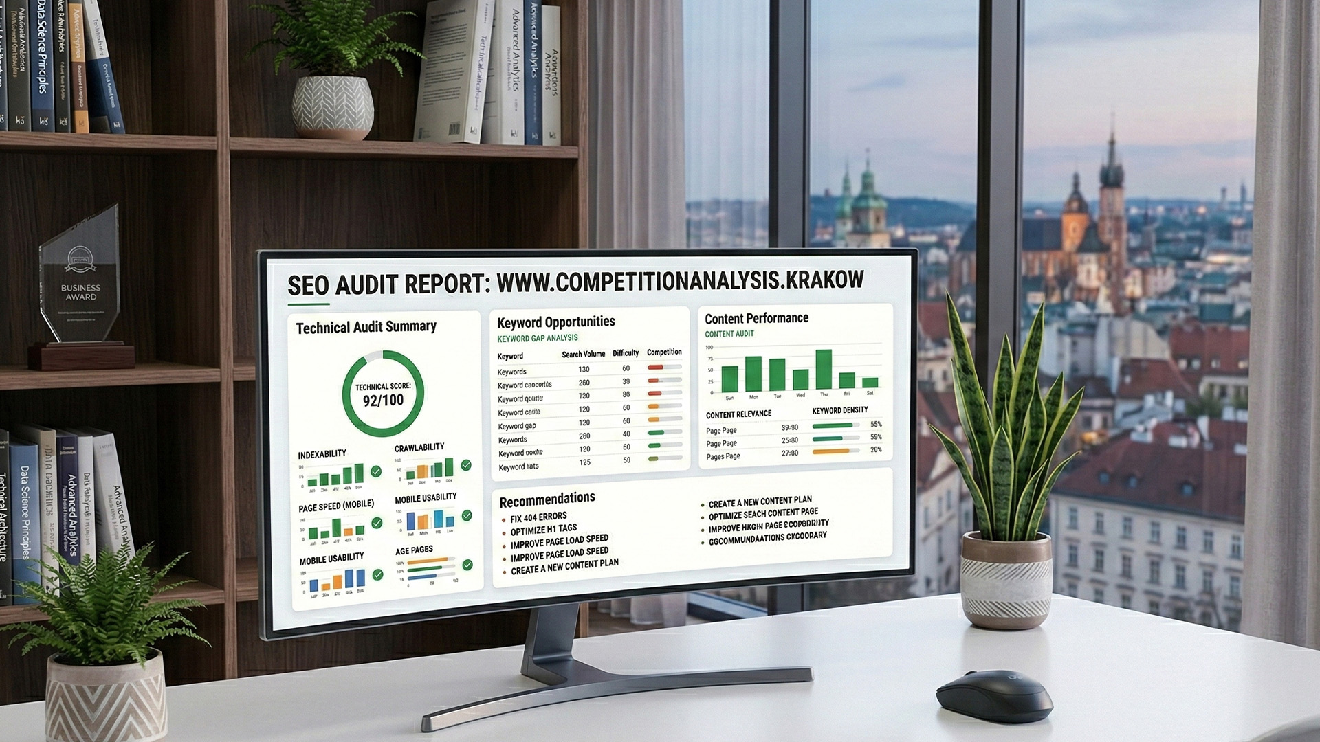 Raport audytu SEO strony internetowej z oceną techniczną, treści i rekomendacjami