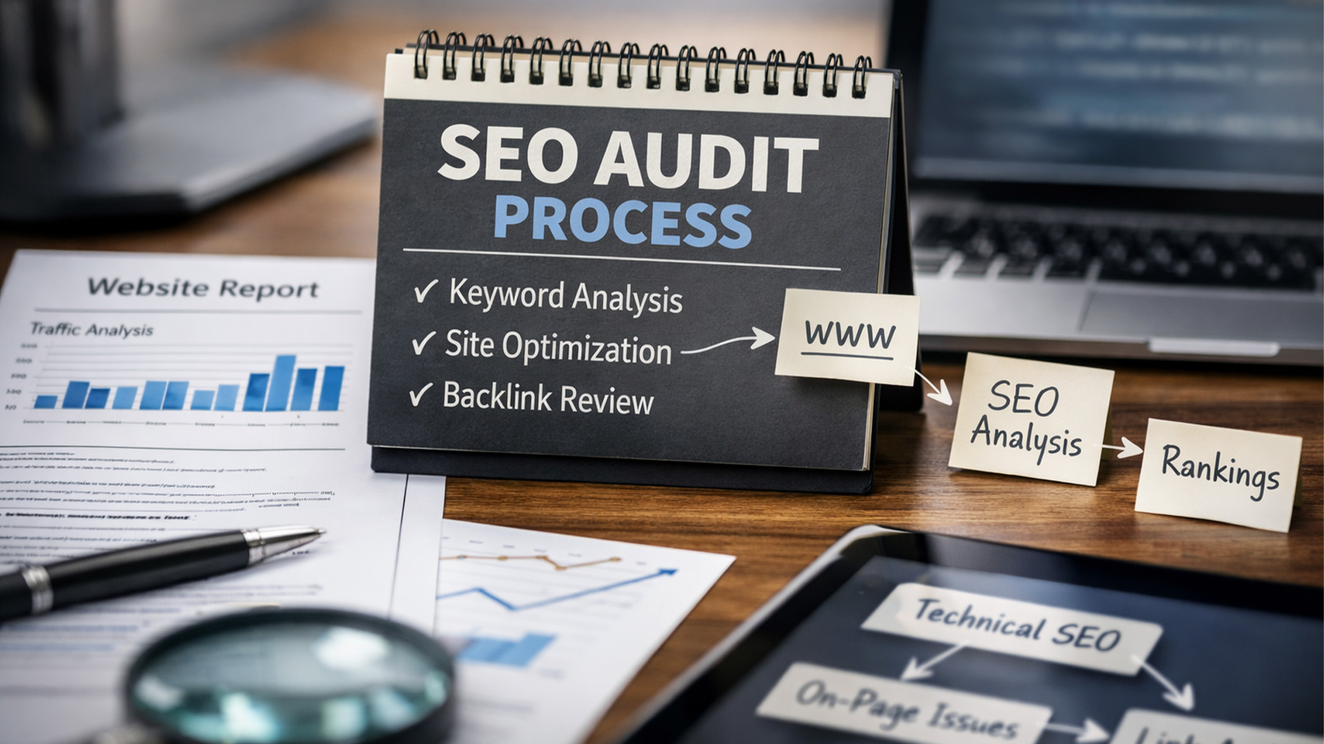 Zakres działań w audycie SEO obejmujący analizę słów kluczowych, optymalizację strony i linki