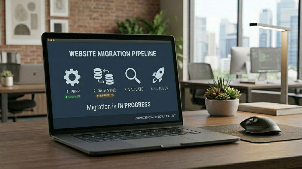 Plan migracji strony internetowej lub sklepu online przedstawiony na ekranie laptopa