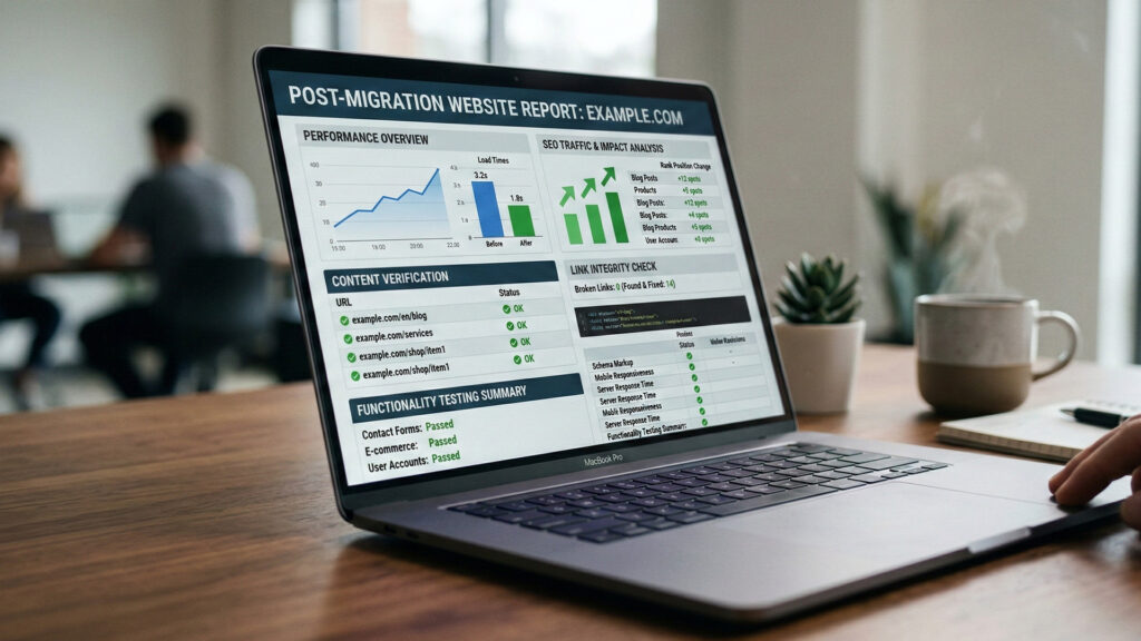 Podsumowanie migracji strony internetowej z raportem wydajności, SEO i test&oacute;w funkcjonalnych