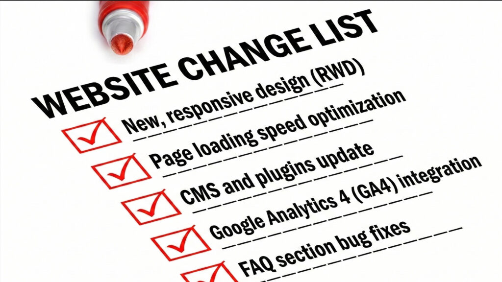 Lista zmian do modernizacji strony internetowej z zaznaczonymi elementami optymalizacji