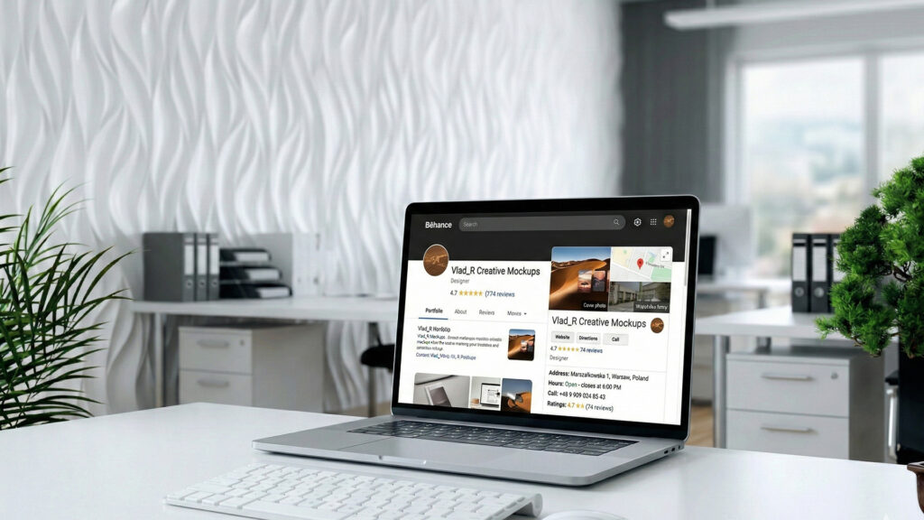 Profile firmy w internecie prezentowane na ekranie laptopa i w wizyt&oacute;wce Google