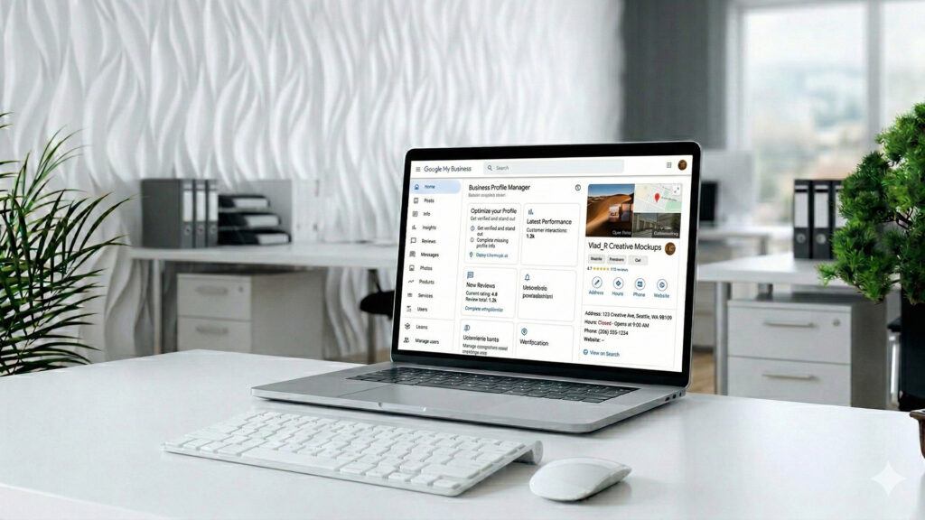 Panel zarządzania wizyt&oacute;wką Google Business Profile na ekranie laptopa