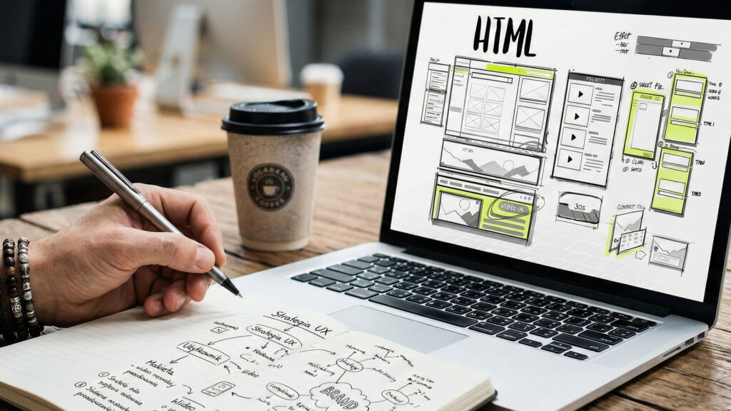Analiza projektu strony internetowej na laptopie i notatkach