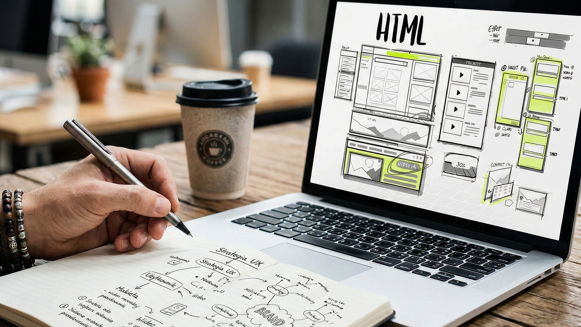 Analiza projektu strony internetowej na laptopie i notatkach