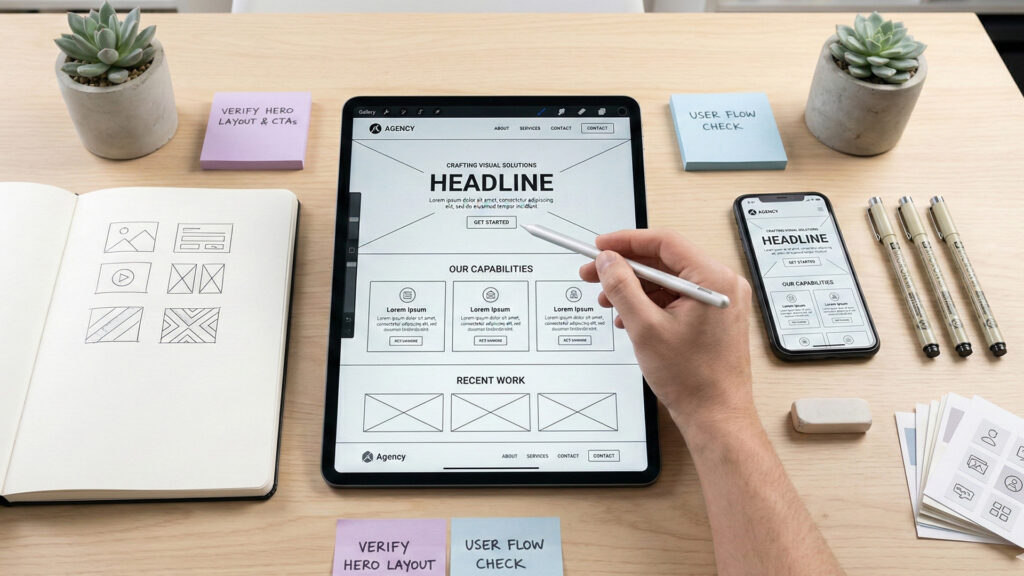 Wireframe strony internetowej Wireframe strony internetowej tworzony na tablecie i smartfonie