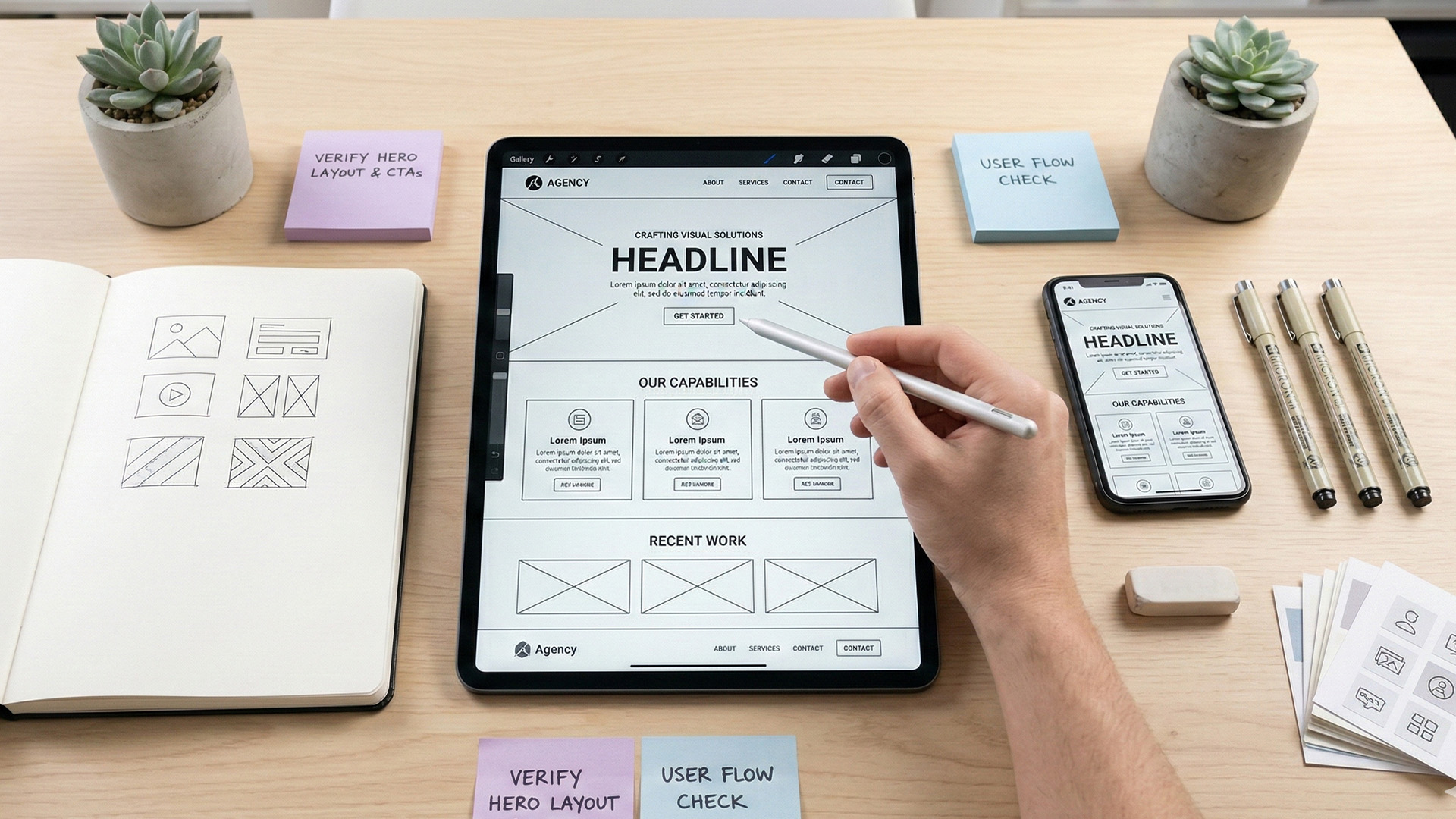 Wireframe strony internetowej tworzony na tablecie i smartfonie