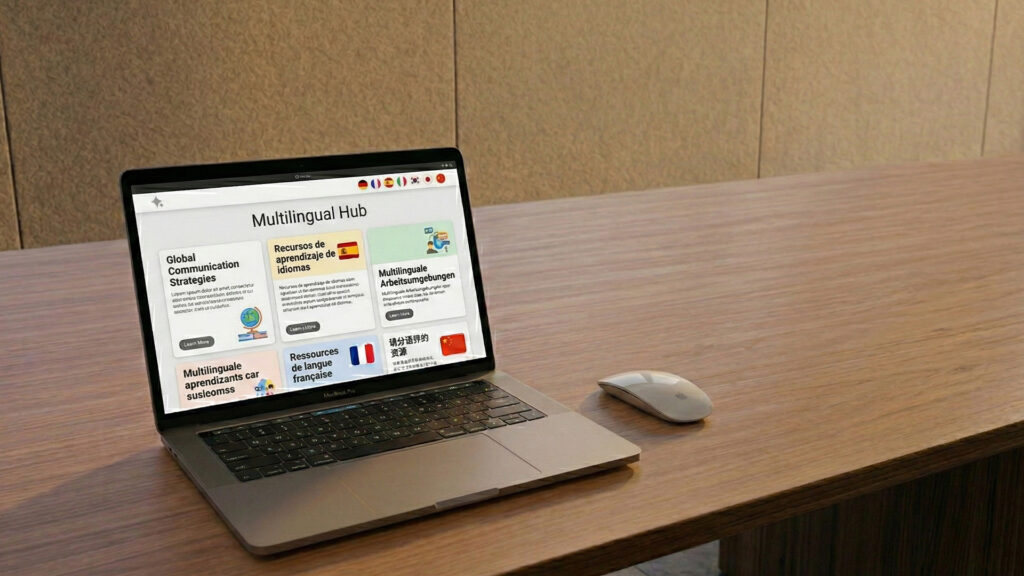 Gotowa strona wielojęzyczna z treściami w r&oacute;żnych językach wyświetlana na laptopie