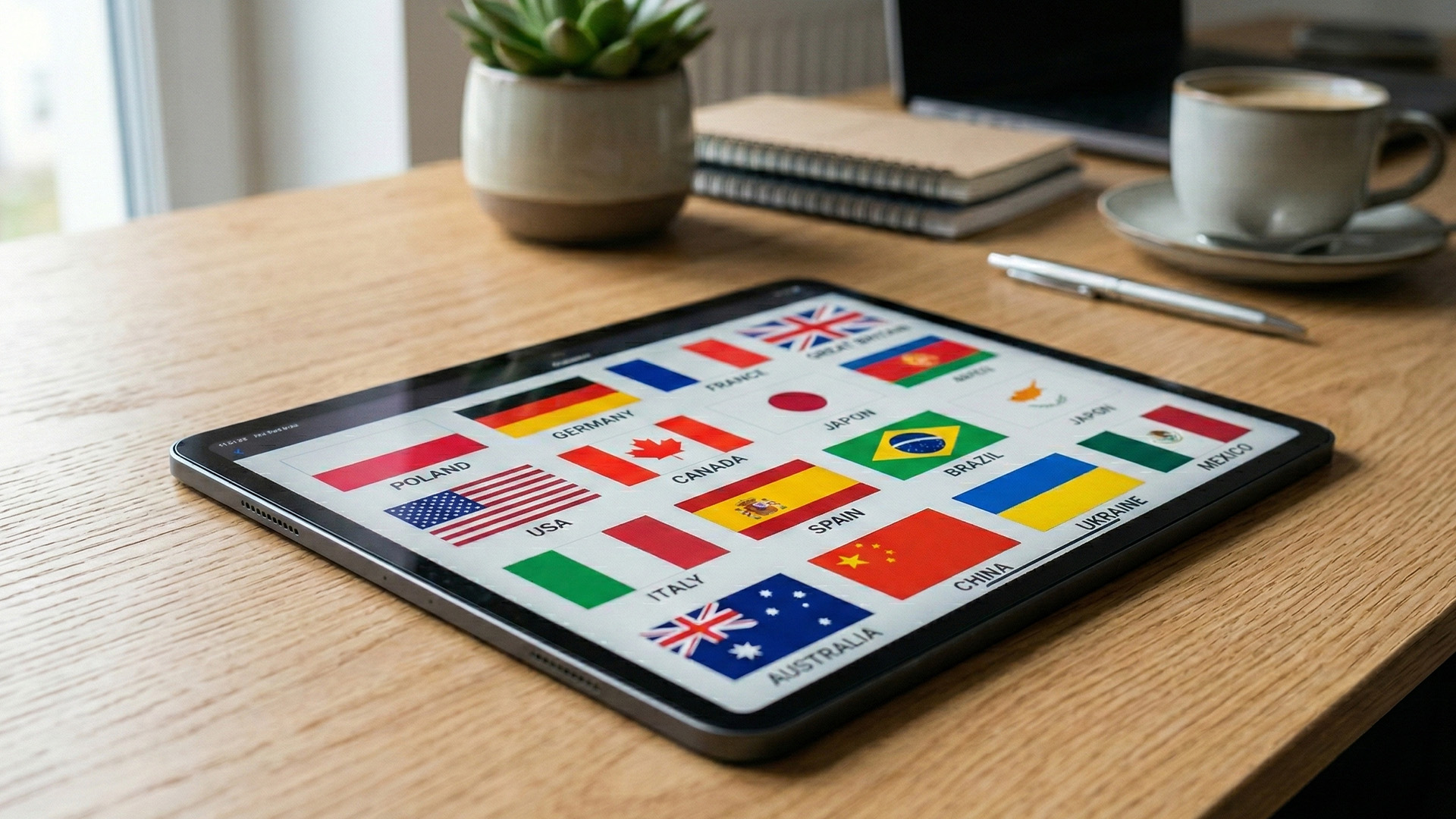 Strategia językowa dla strony internetowej przedstawiona na tablecie z flagami różnych krajów