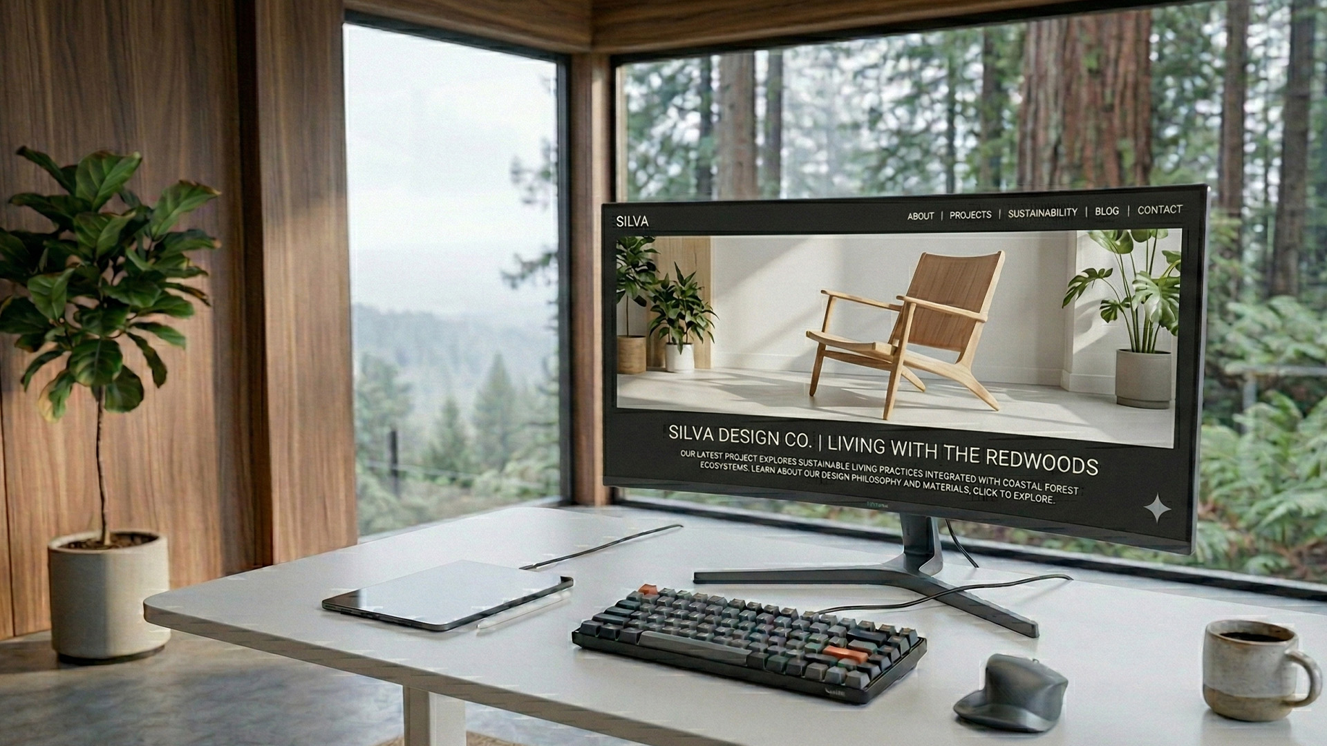 Gotowa strona internetowa wyświetlana na monitorze w nowoczesnym biurze