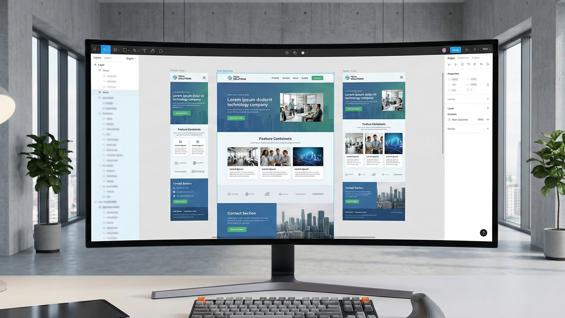 Projekt strony internetowej z widokiem desktop, tablet i mobile na ekranie