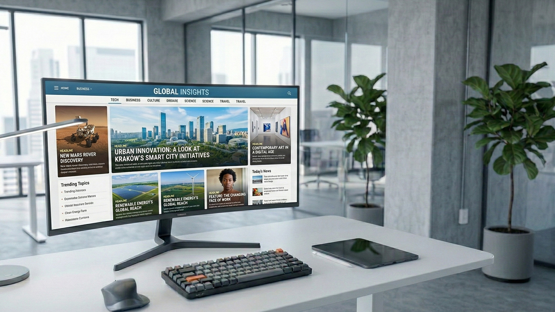 Przykład strony internetowej z układem aktualności i sekcji informacyjnych